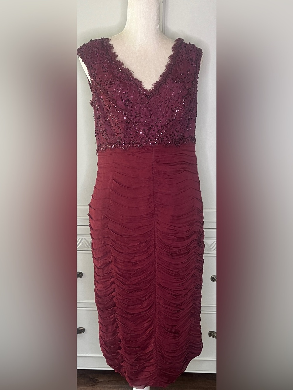 Tadashi Collection Embellished V-Neck Burgundy Midi Dress